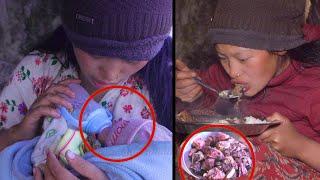Manjita cooking  dinner in her sheep hut