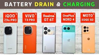 (5G) BATTERY Drain & ChargingVIVO T3 Pro vs Realme GT 6T vs iQOO Z9s Pro vs OnePlus Nord 4 vs Moto