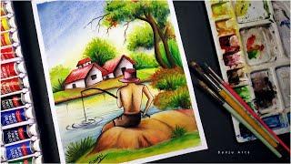 Watercolor painting | How to draw scenery of fishing step by step | Sanju Arts