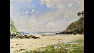 Simple BEGINNER'S Watercolour Devon Beach Seascape, Easy watercolor landscape painting tutorial demo