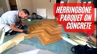 Herringbone Parquet flooring installation. Gluing down on Concrete. Full Tutorial Start to Finish