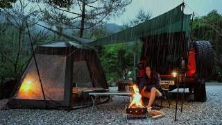 SOLO Camping in the Heavy Rain. Tarp Shelter. Cozy Tent. Campfire. RAIN ASMR️