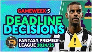 WATKINS & ISAK INJURY UPDATES ️ | FPL GW5 FINAL DEADLINE DECISIONS | Fantasy Premier League 2024/25