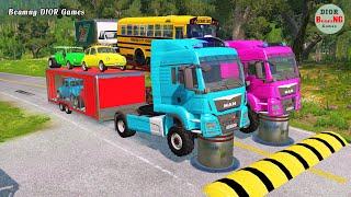 Double Flatbed Trailer Truck vs speed bumps|Busses vs speed bumps|Beamng Drive|936