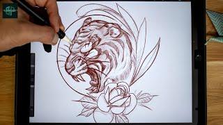 How to draw a Tattoo Design from Beginning to End | Neo Traditional Tiger Sketch