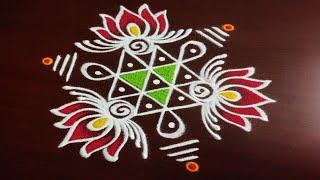 Easy & beautiful rangoli designs with 4 dots | Tulasi kota muggulu | Lotus rangoli | Friday muggulu