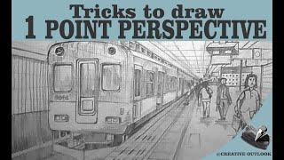 How to draw railway station in one point perspective | vintage railway station drawing