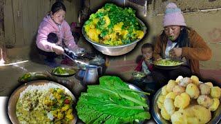 Potato & Green Mustard RAYO mix Recipe with Rice | Village style cooking & eating | vegetable recipe