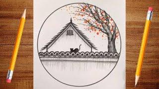 Learn to Draw Easy Circle Drawing Scenery with Pencil | How to sketch with Pencil Shedding