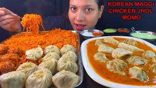 Eating Spicy  Korean Maggi Ramen, Chicken Jhol Momo, Tandoori Momo, Veg Momo | Noodles With Momo