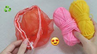 Did an INCREDIBLE job with onion net and yarn. You'll love this super idea. DIY recycling crafts