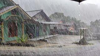 Extreme super heavy rain and thunderstorms in a beautiful village, walk in heavy rain 3 hours, sleep