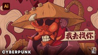 Illustrating a Cyberpunk Samurai in Adobe Illustrator | Speed Drawing Process | jey wee