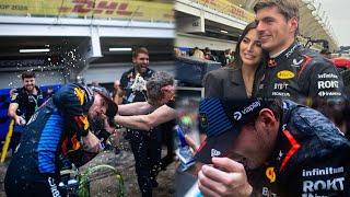 Max Vertsappen gets showered with Redbull after his race win | Behind the scenes after the race