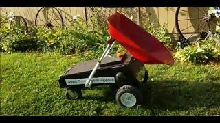 Selling my homemade remote-controlled, battery-operated lawnmower with a wheelbarrow attachment