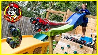 LONGEST Downhill Race INSIDE & OUTSIDE the House  BIG Monster Jam & Hot Wheels Monster Truck Toys