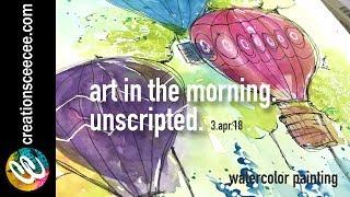 how to sketch easy hot air balloons over watercolor