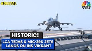 WATCH: LCA Tejas & MiG-29K Jets Lands On Aircraft Carrier INS Vikrant | Visuals | CNBC-TV18