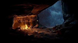 Deep Sleep in a Cozy Rainy Thunder Cave | Bonfire Sounds and for Stress Relief, Peaceful Deep Sleep