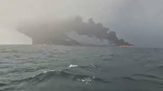 Cargo ship and oil tanker on fire after colliding off East Yorkshire, England.