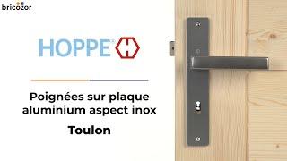 PRESENTATION : Poignée de porte sur plaque Aspect Inox - Entraxe de fixation 195 - Toulon HOPPE