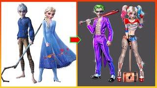 Elsa Frozen & Jack Frost GLOW UP Harley Quinn, Joker - Disney Princesses Transformation