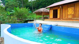 TIMELAPSE: START to FINISH Alone Building Swimming Pool With Bricks Cement - BUILD LOG CABIN