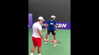 Great Fun!Thomas Enqvist presents Henri Leconte's serve with wrong hand, Fabrice Santoro helps