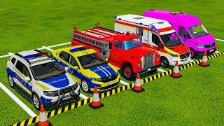 TRANSPORTING POLICE CARS, AMBULANCE, FIRE DEPARTMENT VEHICLES WITH TRUCKS TO THE GARAGE ! FS22