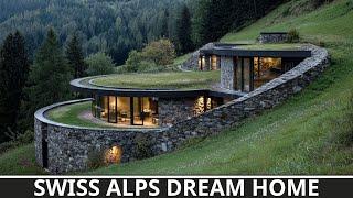 Unique Stone House Design Idea with Elliptical Roof in the Swiss Alps