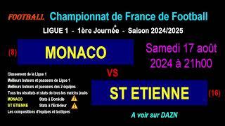 MONACO - ST ETIENNE: 1st day of Ligue 1 - Stats, info, predictions - Football season 2024-2025