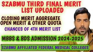 SZABMU Third Merit list | MBBS & BDS Admission 2024-2025 | Closing aggregate Federal medical college