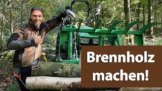 Brennholz machen im Teutoburger Wald, Sturmschaden  Frühjahr aufarbeiten, John Deere Traktor, Stihl