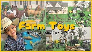 Little Cowboy Plays with Rodeo Farm Toys! BULLS/COW/TRACTOR/BARN/ANIMALS/LINCOLN LOGS/KIDS/TRUCK/PBR