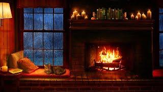 Cozy Cabin Ambience - Rain and Fireplace Sounds at Night 8 Hours for Sleeping, Reading, Relaxation