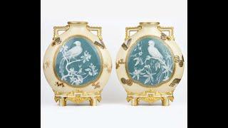 Rare Pair of Royal Worcester Porcelain Aesthetic Movement Moonflasks,  pate sur pate panels c.1875