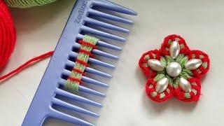 Super Easy Woolen Flower making with Hair Comb | Easy Hand Embroidery Flower Tutorial | Sewing Hack