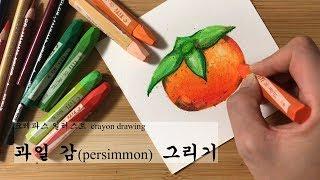 크레파스 일러스트, 가을 감 과일 그림그리기 초보 기초 강좌 Colored Crayon drawing, How to draw fruit