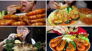 ASMR Eating large Quantity Prawns Curry, Big Size Fish Curry with Rice bowl  , Full Fish Fry ||