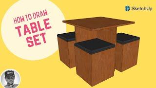 How to draw Table Set Woodworking | Sketchup Tutorial