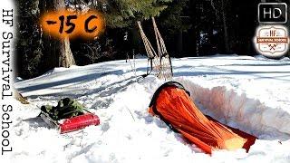 EXTREME COLD Winter Solo Overnight Bushcraft Camp - Cooking , Survival - HD Video