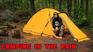 Camping In Rain With New Tent And Campfire Cooking