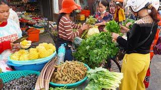 Fresh food market, fruit​​​ vegetable fish and meat market, Cambodian food market tour