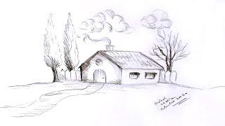 Desen in creion cu o casuta cu copaci de toamna | Pencil drawing of a little house with trees