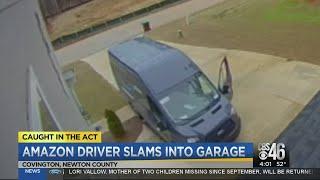 Amazon driver slams into garage then leaves