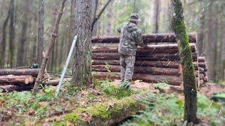 Building a Warm A-Frame Cabin In High Winds! Installation Of A Log Foundation. Shelter Alone