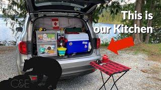 Our Camping Kitchen Setup in the Back of our SUV Tiny Camper