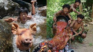 Primitive Technology - Meet Pig Head At River Take Cooking - Eating Delicious