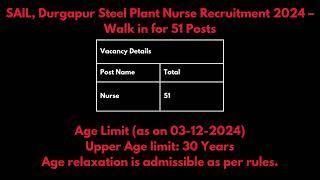 SAIL Durgapur Steel Plant Nurse 2024 Walk in