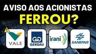  ATENÇÃO: VALE3 DESABANDO E 12,17% DE DIVIDEND YIELD. GERDAU GOAU4, IRANI RANI3 e SANEPAR SAPR11.